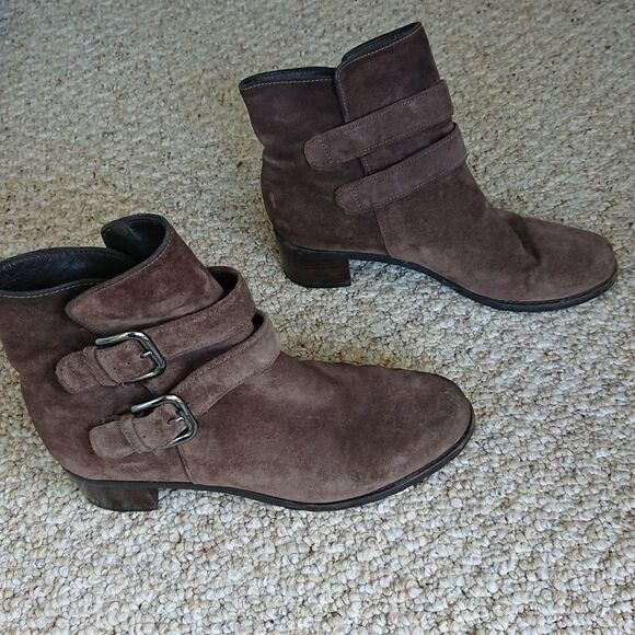 Stuart Weizman leather Eastside double strap moto suede Brown boots size 8.5 - Picture 2 of 10